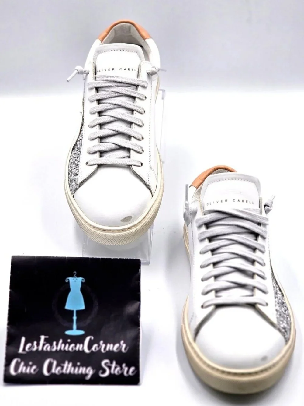 NWOB Oliver Cabell Women Low 1 LEEDS White Leather Sneakers Glitter  Sz 5.5 2254 - Picture 4 of 16